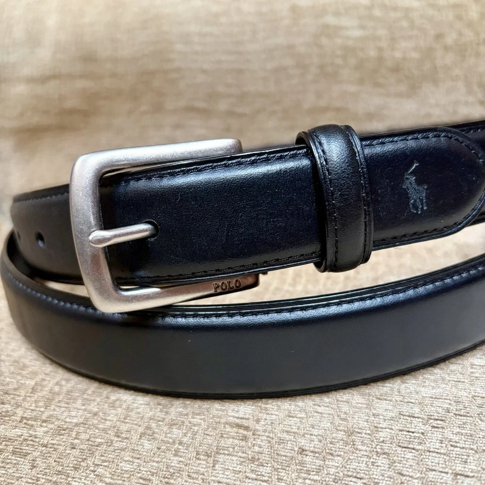 Polo Ralph Lauren Belt Mens 58 Black Leather Silver Buckle Casual Dress Classic